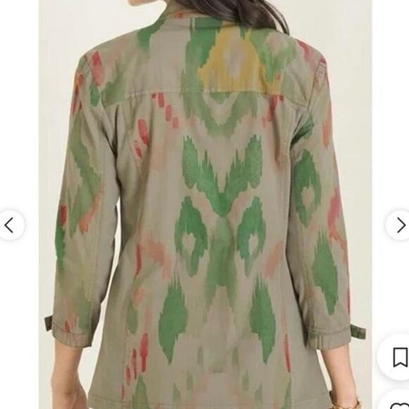 CHICO’S ZENERGY NWT Ikat Print Olive Green & Khaki Utility Jacket Size 3 (16-18) - Picture 2 of 15
